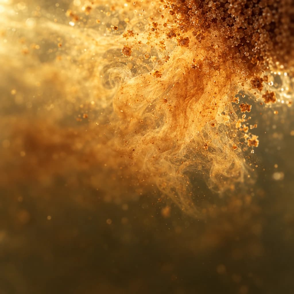 Fine amber powder dissolving into clear water