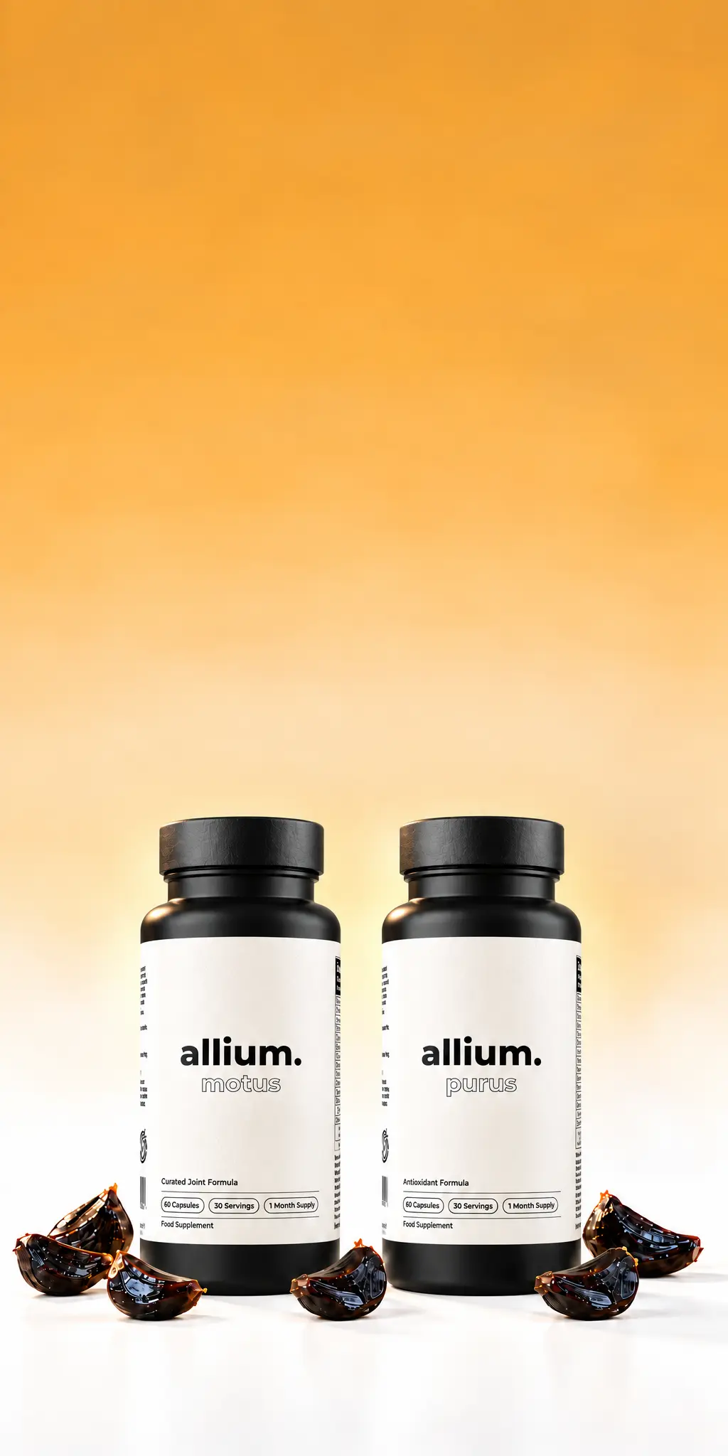 allium. Motus and Purus bottles with aged black garlic cloves